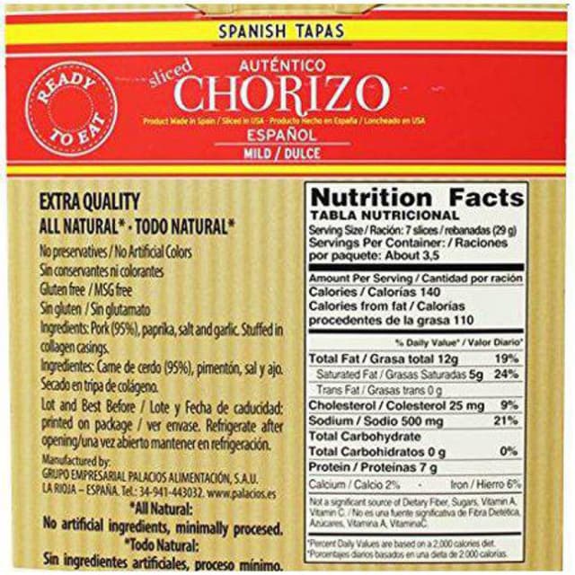 Authentic Spanish Chorizo Sliced Imported From Spain. Mild 3.5 oz by Palacios